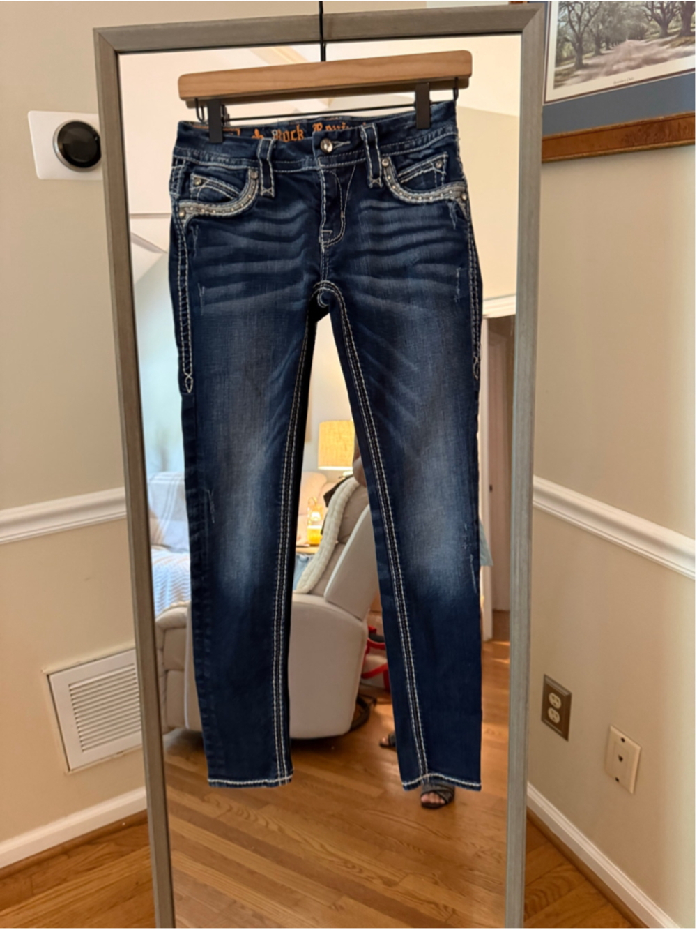 Women's Rock Revival Skinny Jeans Size 25 Blue Silver Embellished